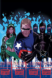 A woman dressed like the Statue of Liberty, a blond man in sunglasses wearing a blue outfit with a star on the shoulder of an arm he's flexing toward the viewer, and three identical men in black wearing pain black bandanas to cover their faces. Blue flames rise behind them, and a cityscape behind a barbed wire fence.