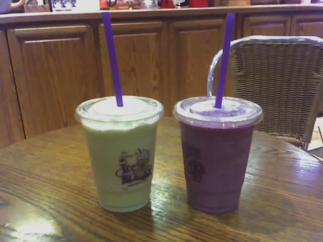Two drinks: Green. Purple.