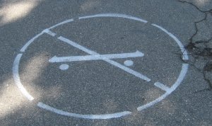 “No” sign on the ground: horizontal bar with two circles below it.