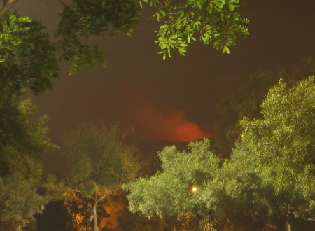 Fireglow above the hills, framed by trees