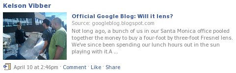 Kelson Vibber: Official Google Blog: Will it lens? Source: googleblog.blogspot.com Not long ago, a bunch of us in our Santa Monica office pooled together the money to buy a four-foot by three-foot Fresnel lens. We've since been spending our lunch hours out in the sun playing with it.
