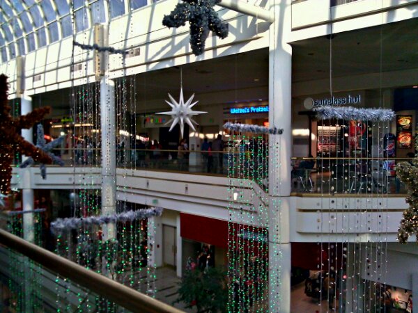 Very spiky balls hanging in the mall.
