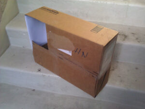 A carboard box with a hole cut in the side and white paper lining the inside next to the hole.