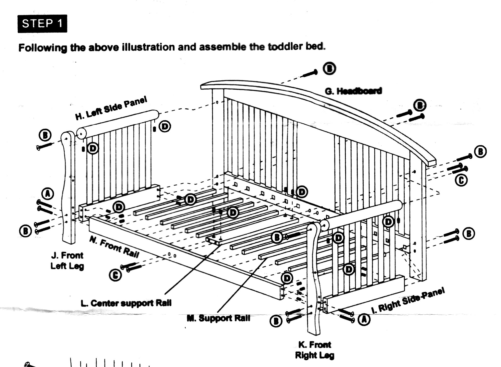 Step 1: Following the above illustration and assemble the toddler bed. (Every single piece of the bed is shown in the single picture, below the text.