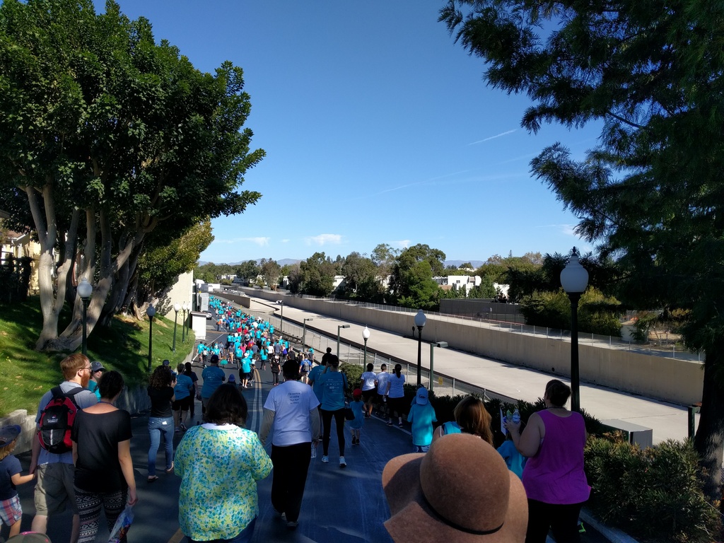 Lots of people walking along a path above a wide concrete-lined trench. Trees on either side, blue sky beyond.