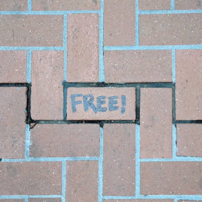 A brick floor with mortar missing along a line through the middle, and completely around one brick. Someone has written FREE! on that brick.