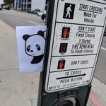 Panda peeping out from behind a crosswalk button stand.