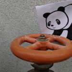 The panda tries to turn a water valve.