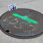 The panda tries to get into a manhole cover.