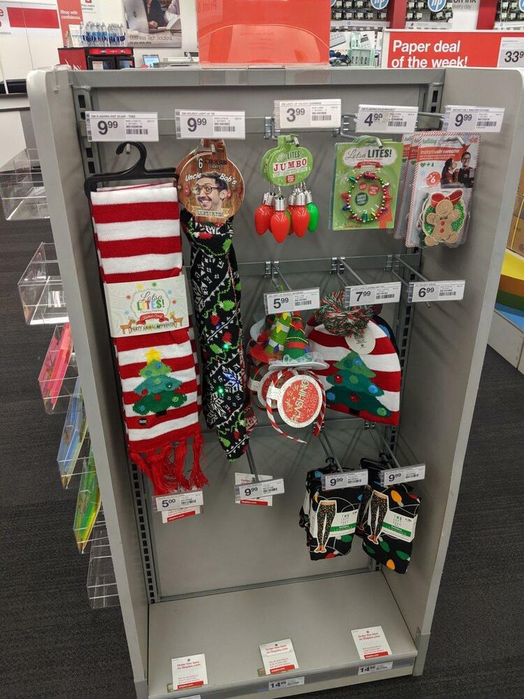 Store shelf full of Christmas novelty items. Spotted in September.