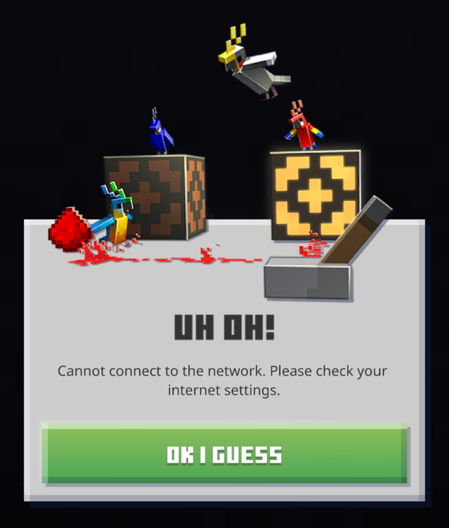 Screenshot of an error report with a button to continue that says 'OK I Guess' instead of the usual 'OK'