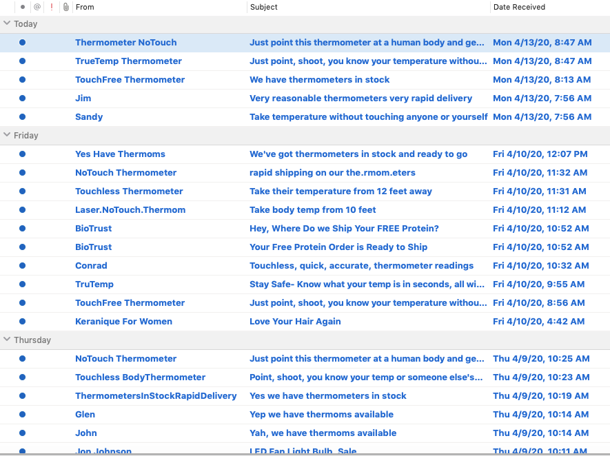 Junk Mail box full of spam for touchless thermometers and only a handful of other items.