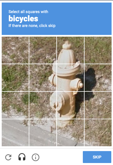 ReCaptcha screenshot asking to mark all teh squares with bicycles. It's a single photo of a fire hydrant divided into a 16-square grid.