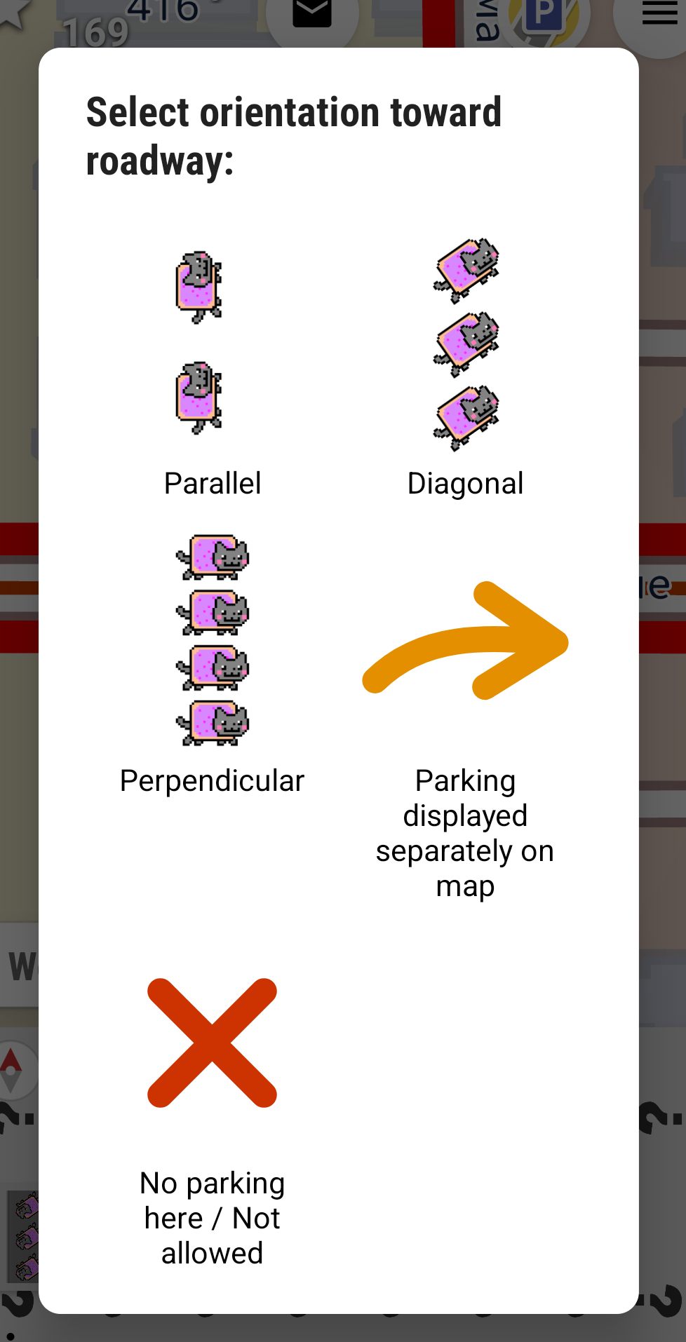 Screenshot of a 6-item grid menu for parking orientation, where all the cars have been replaced with Nyan Cat.
