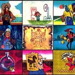 9 tiny cartoon screens in a grid: You can just barely make out a cowboy, a child with a large tricycle-like assembly, a football coach, a miner with a hard hat, some old, yellowed parchment with a sketch on it, someone carrying an axle with wheels, a large lab flask filled with water, an old man holding up a picture of a horse, and someone in a superhero outfit standing on a row of horseshoe magnets.