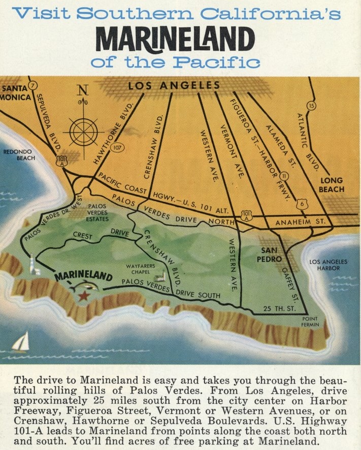 Simplified map of the Palos Verdes Peninsula showing Palos Verdes Drive around the peninsula, Marineland on one of the promonitories, major roads connecting to Los Angeles (Sepulveda, Hawthorne, Crenshaw, Western), and roads going *over* the hill including Hawthorne, Crest, and...wait, Crenshaw?