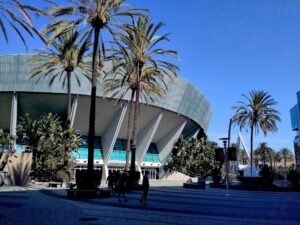 A round, flying-saucer-shaped building on a bright sunny day, flanked with palm trees.